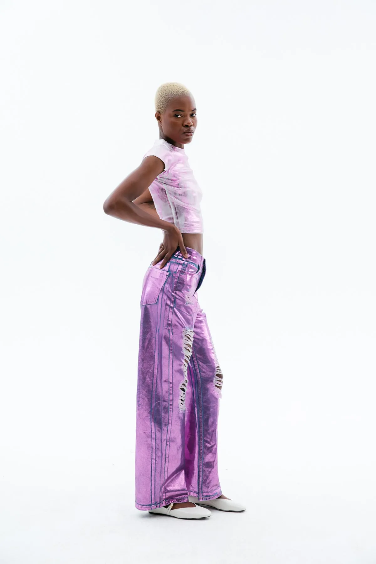Pink Wide-Leg Metallic Jeans