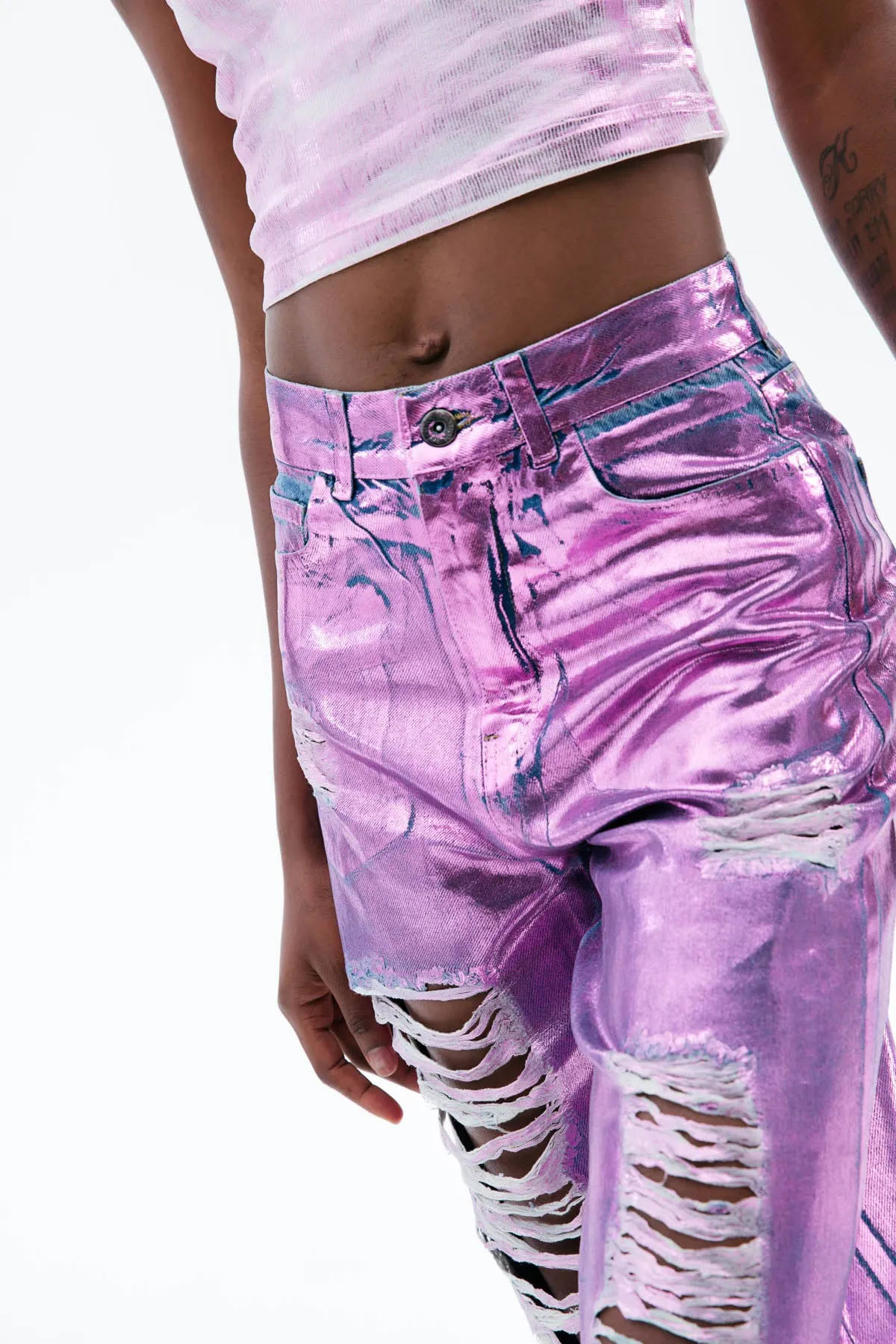 Pink Wide-Leg Metallic Jeans