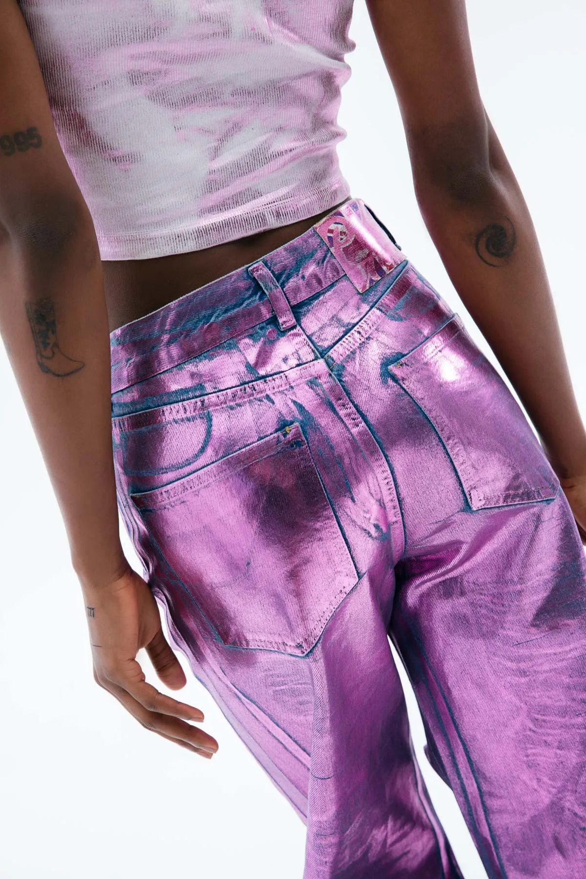 Pink Wide-Leg Metallic Jeans