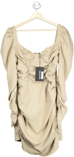 PrettyLittleThing Stone Woven Long Sleeve Ruched Detail Bodycon Dress UK 12