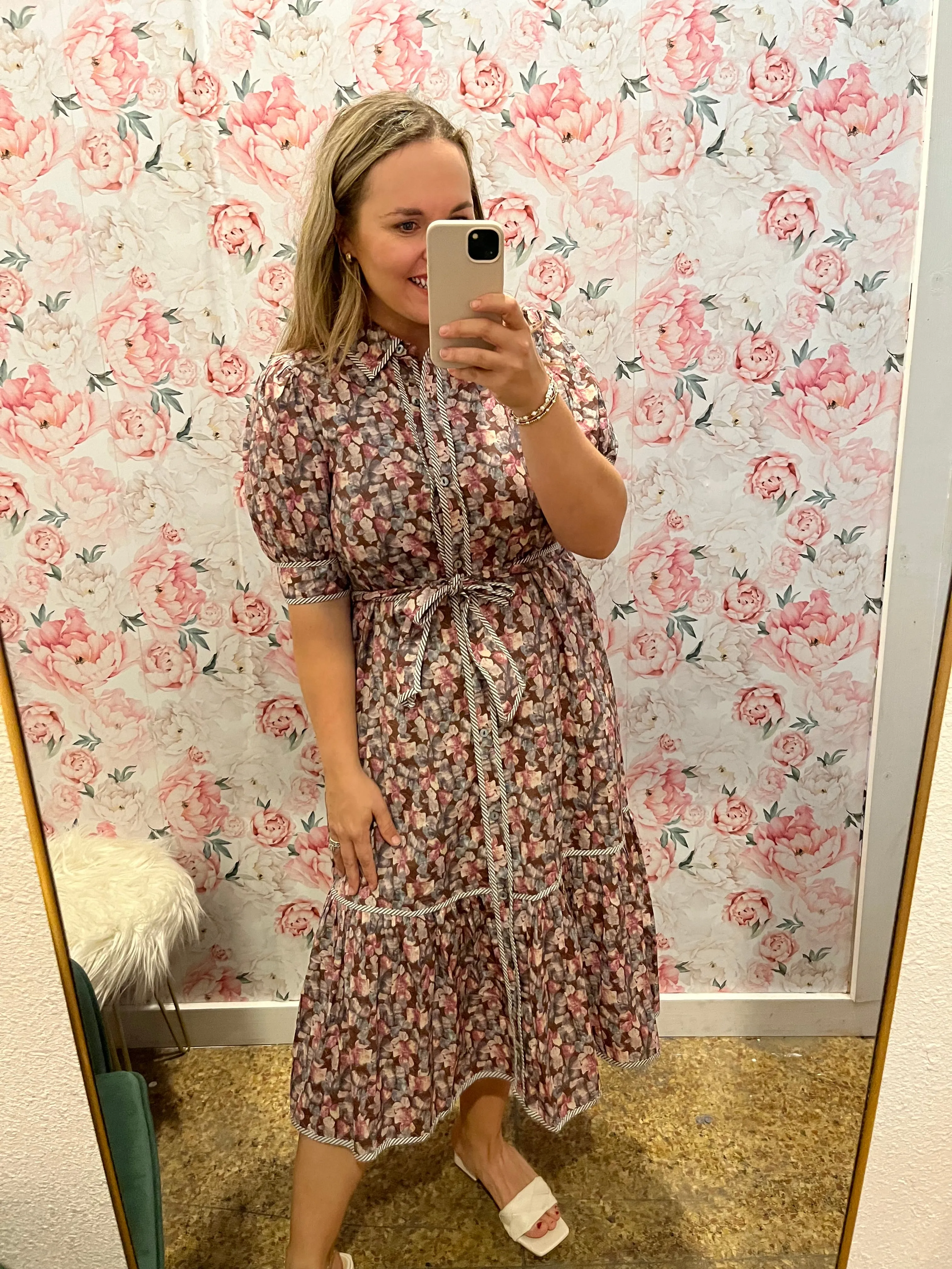 Printed Puff Sleeve Midi Dress- Brown