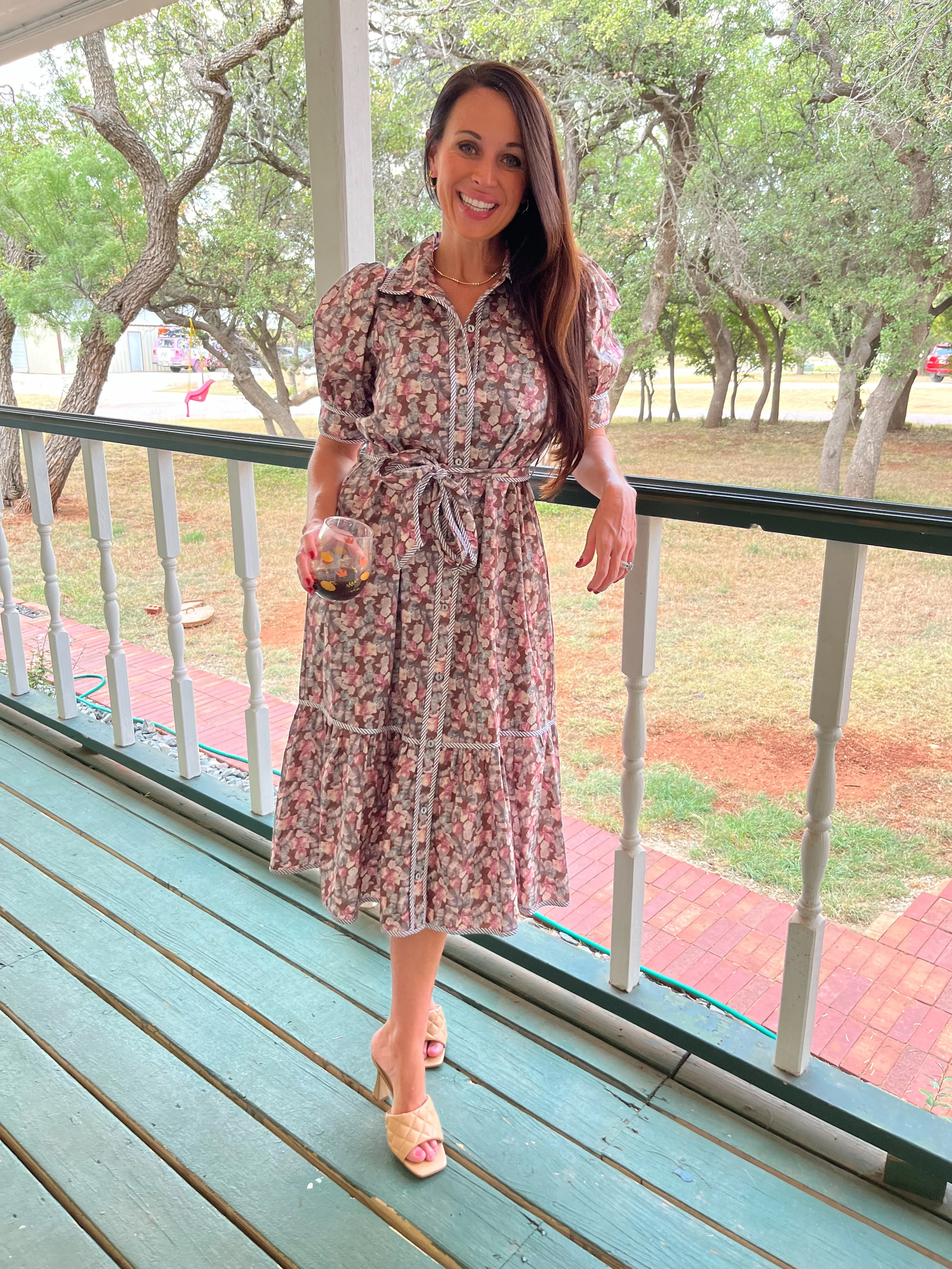 Printed Puff Sleeve Midi Dress- Brown