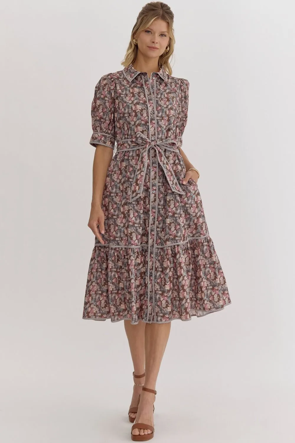 Printed Puff Sleeve Midi Dress- Brown