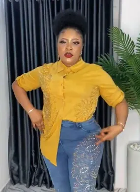 PTA Beaded Gold shirt & Blue Crazy jeans.