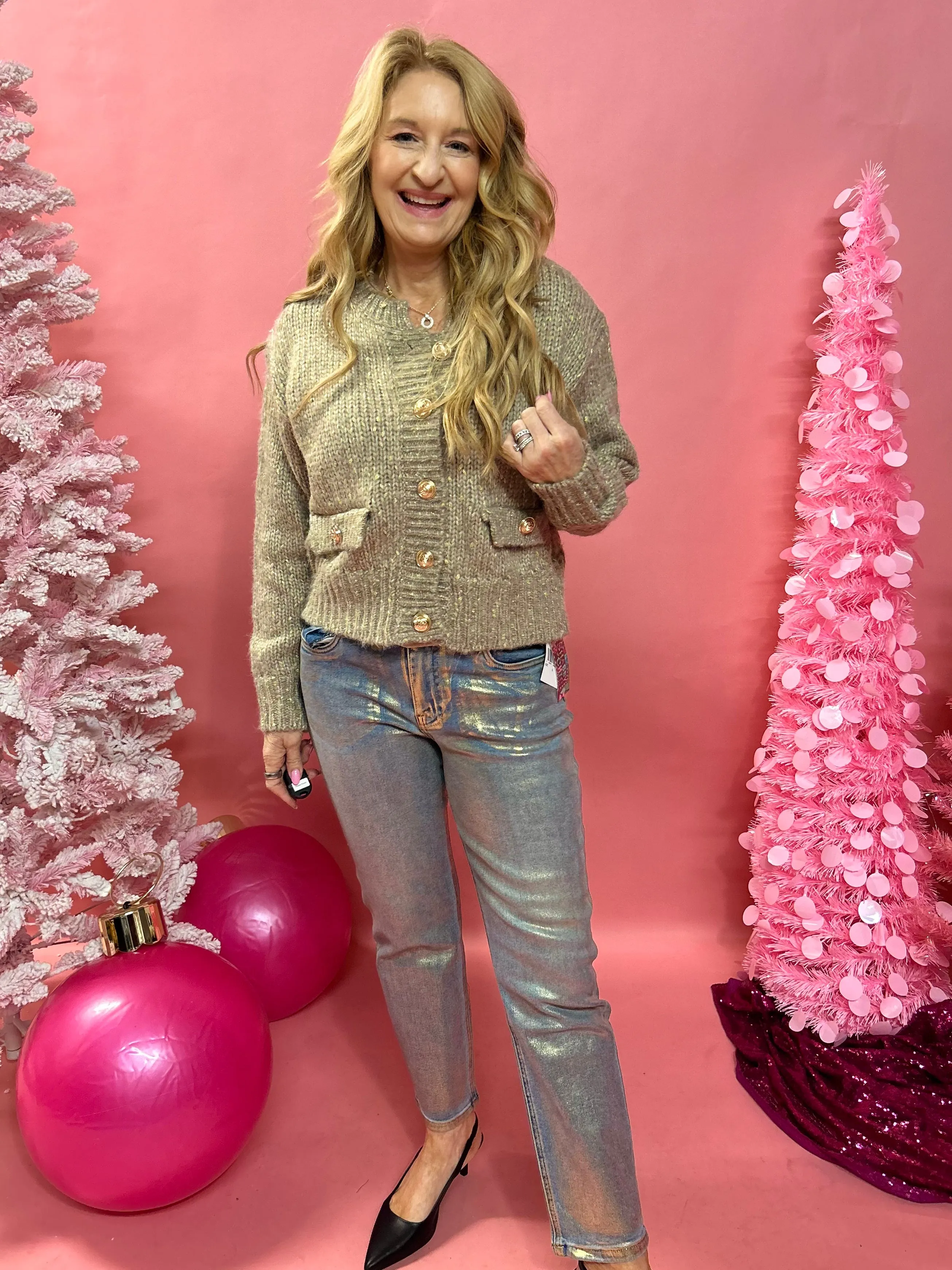 Rachael High Rise Mom Regular Hem Denim with Metallic Gold