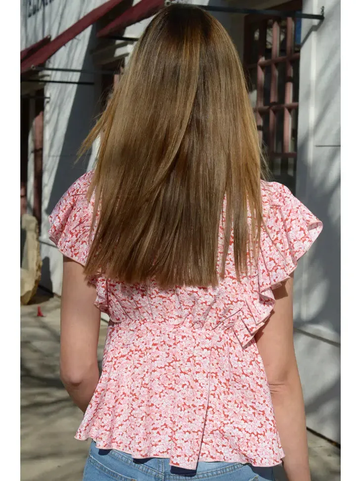 Red and Pink Floral Print Ruffle Woven Top