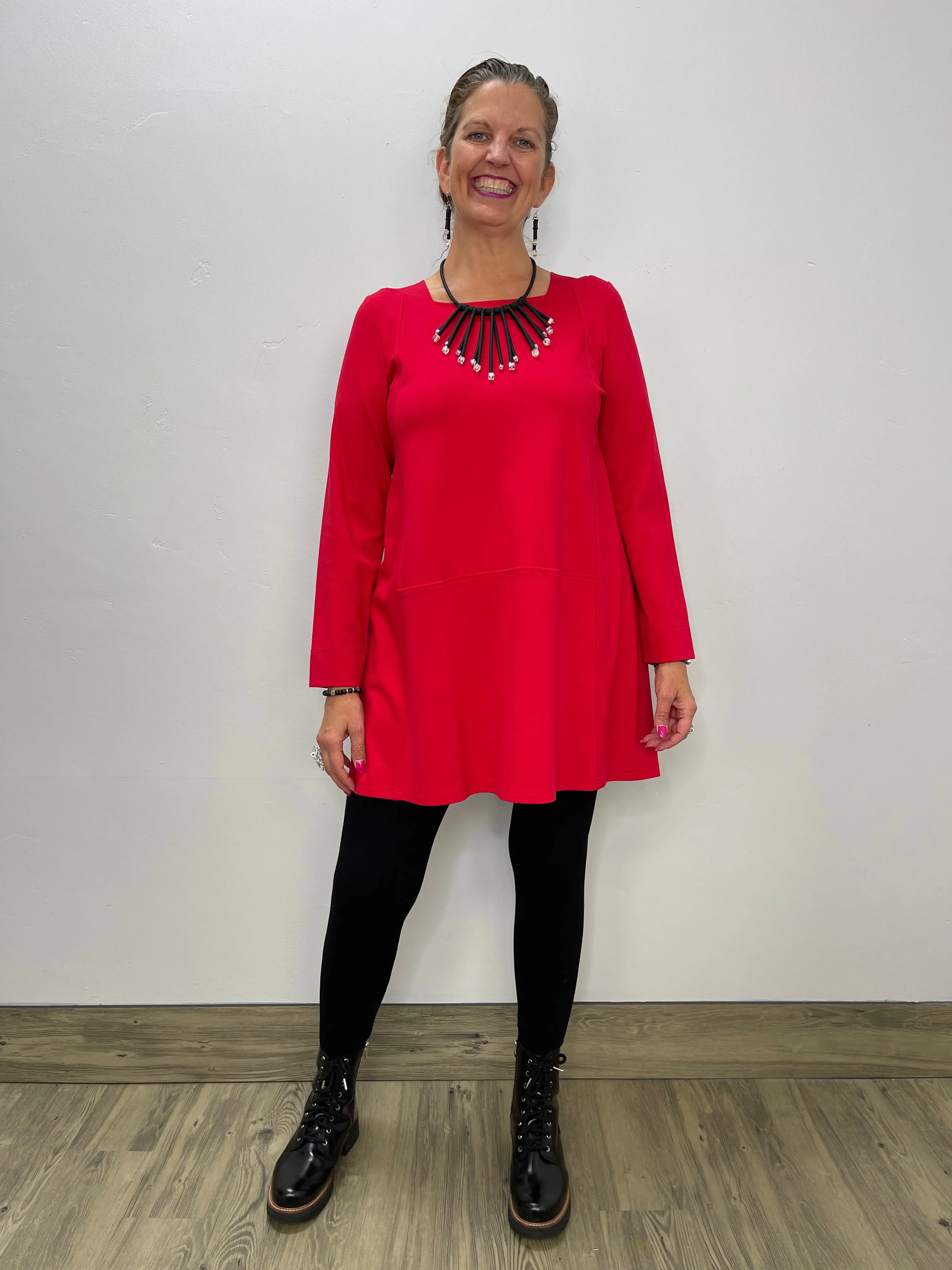 Red Long Sleeve Square Neck Tunic