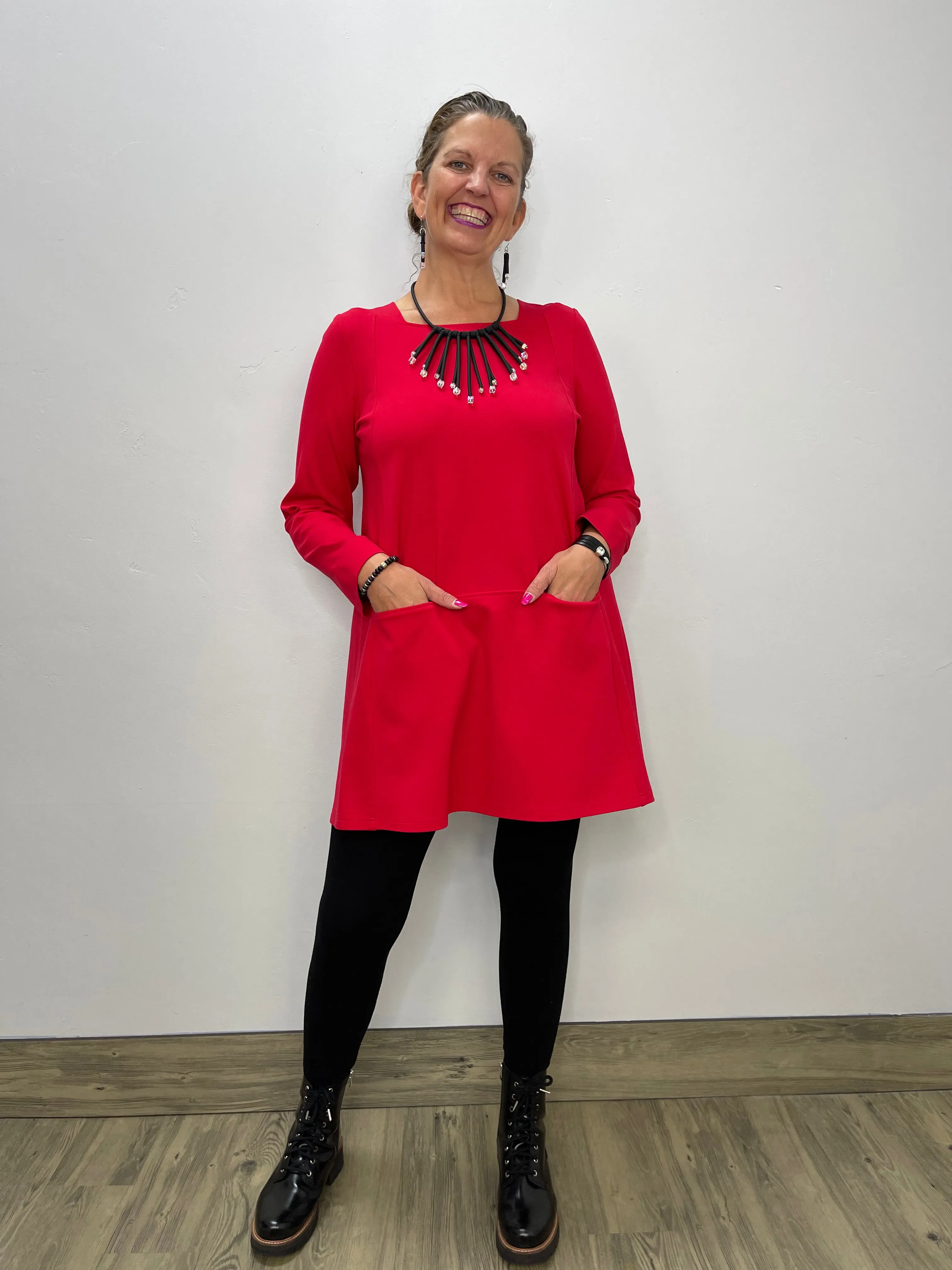 Red Long Sleeve Square Neck Tunic