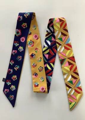 SCARF Women's navy/mustard floral/geo print "Twilly", 1.75" wide