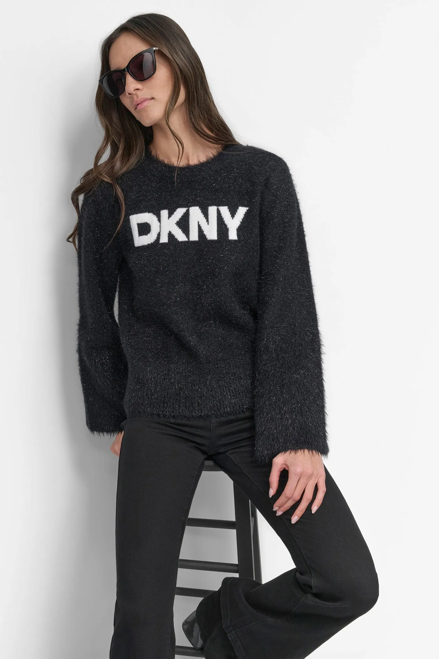 SCOOP NECK METALLIC LOGO SWEATER