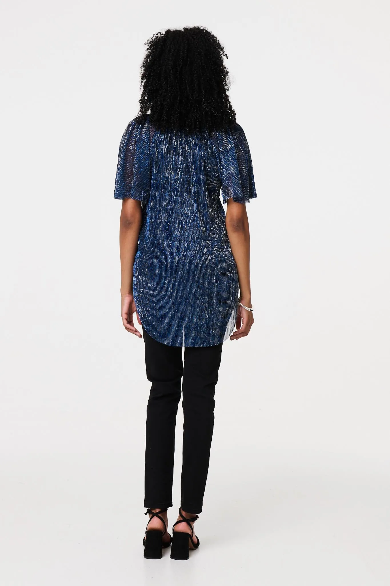 Semi Sheer Glittery Short Sleeve Top