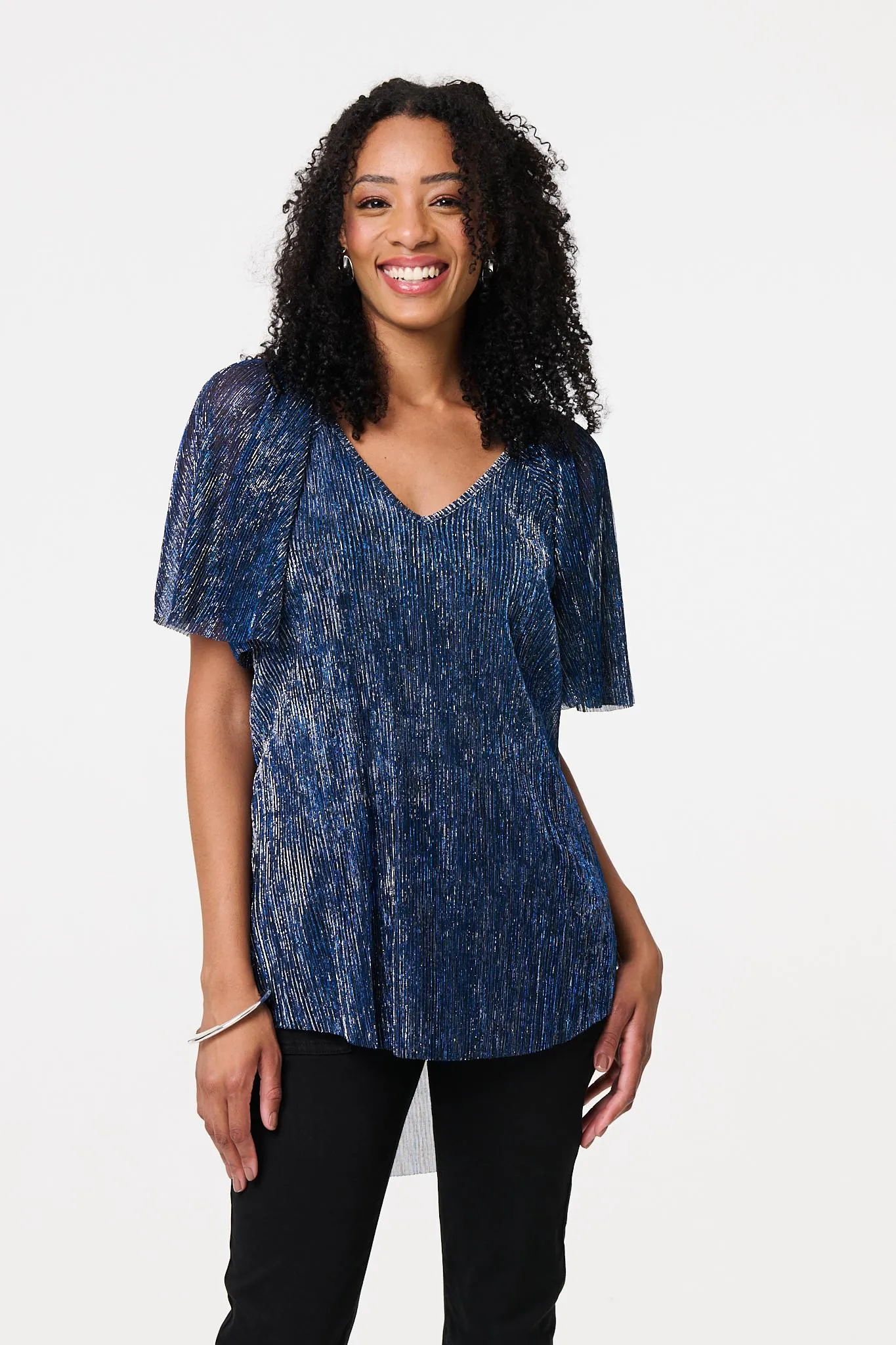 Semi Sheer Glittery Short Sleeve Top
