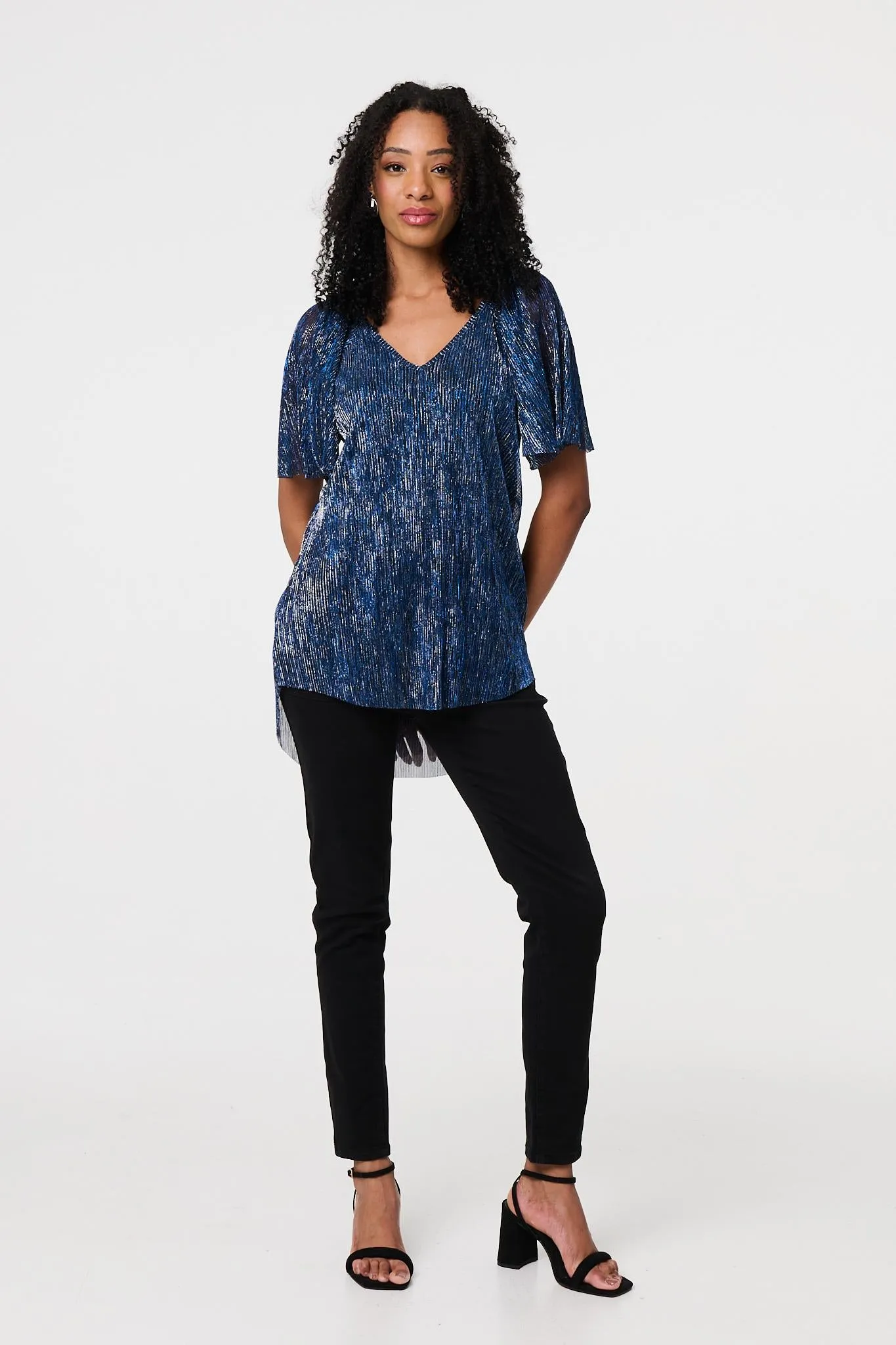 Semi Sheer Glittery Short Sleeve Top
