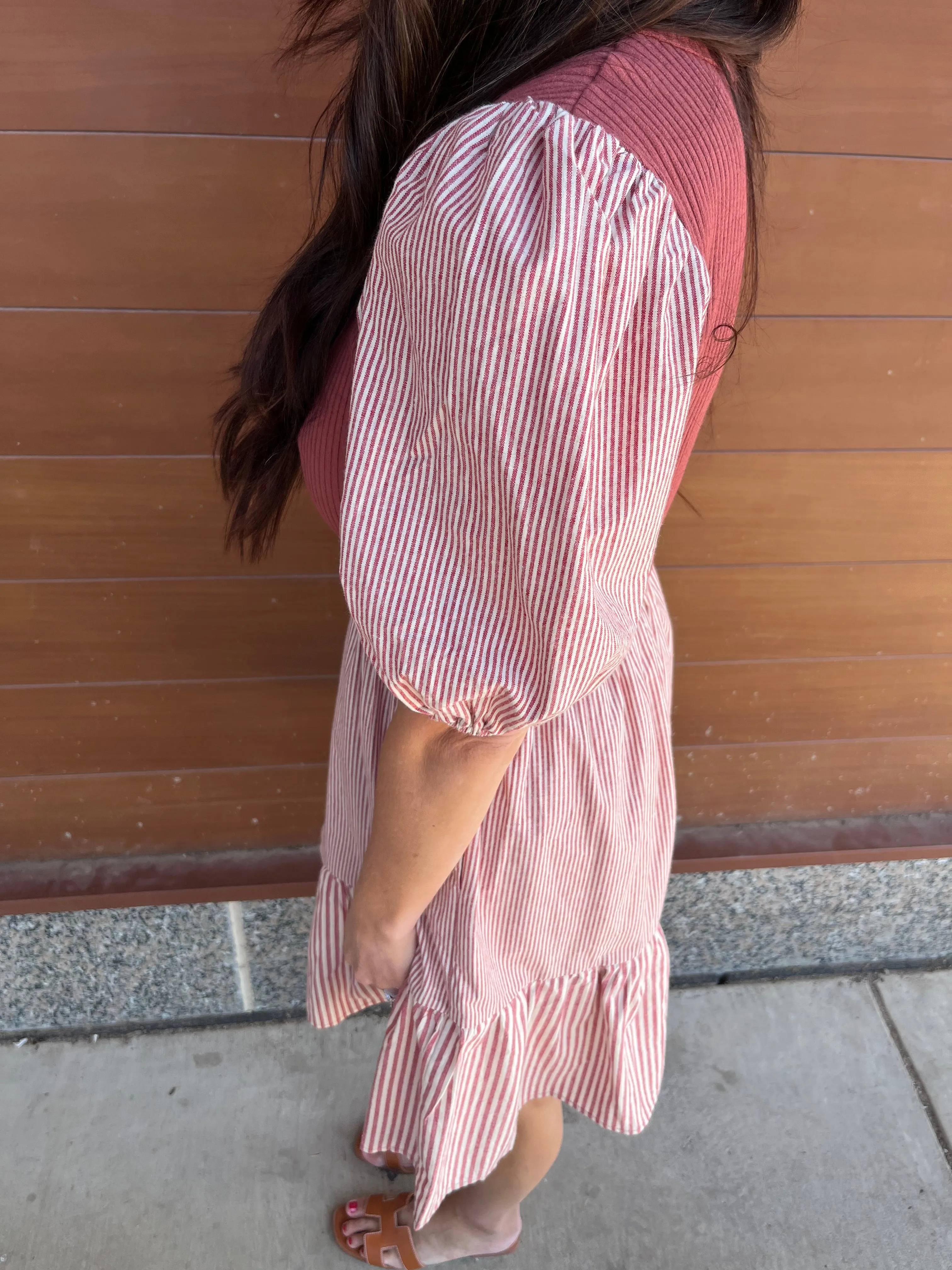 Short Sleeve Ribbed Striped Mini Dress - Red