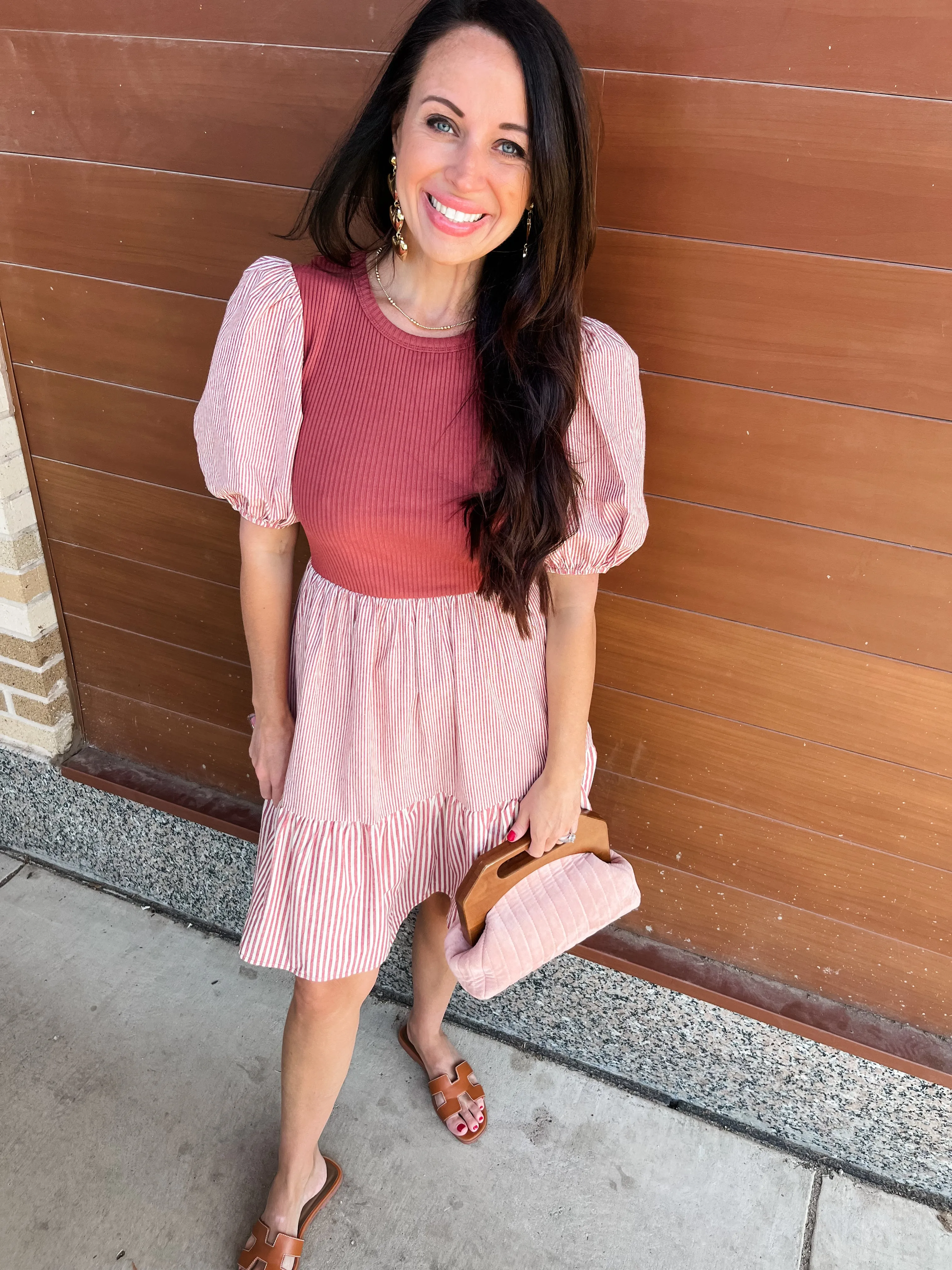 Short Sleeve Ribbed Striped Mini Dress - Red