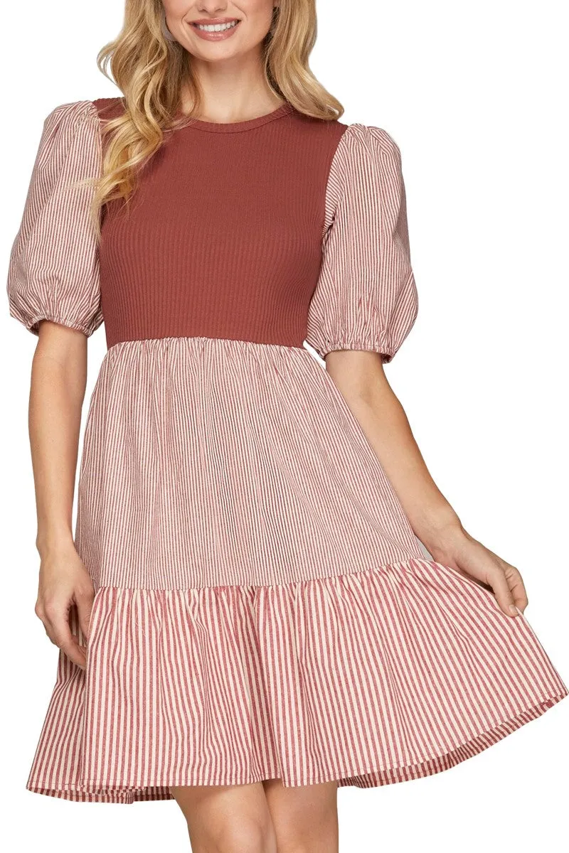 Short Sleeve Ribbed Striped Mini Dress - Red