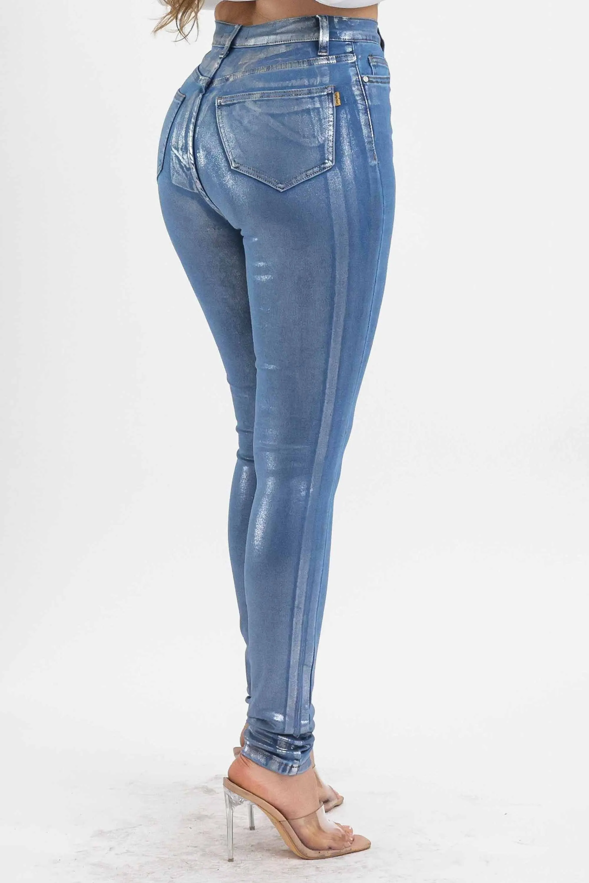 Silver Foil Printed Skinny Jeans