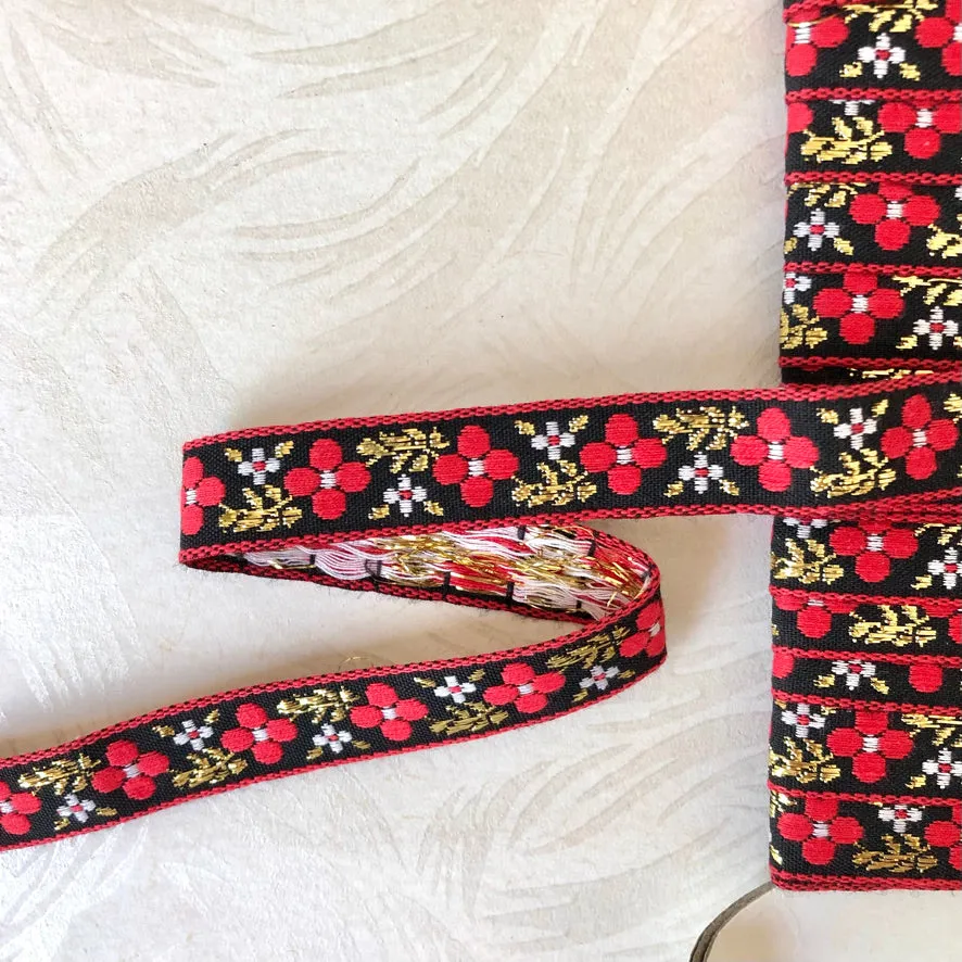 Simple Flower With Metallic Leaves Jacquard Ribbon - Vintage