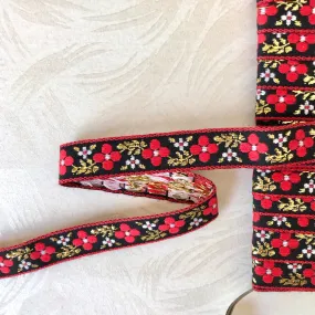 Simple Flower With Metallic Leaves Jacquard Ribbon - Vintage