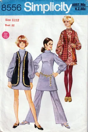 Simplicity 8556 Young Junior / Teens High Neck Mini Dress Long Vest & Pants 1970s Vintage Sewing Pattern Size 11/12 Bust 32 inches