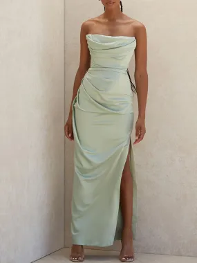 SUNINSHOP Stunning Satin Strapless Bodycon Dress