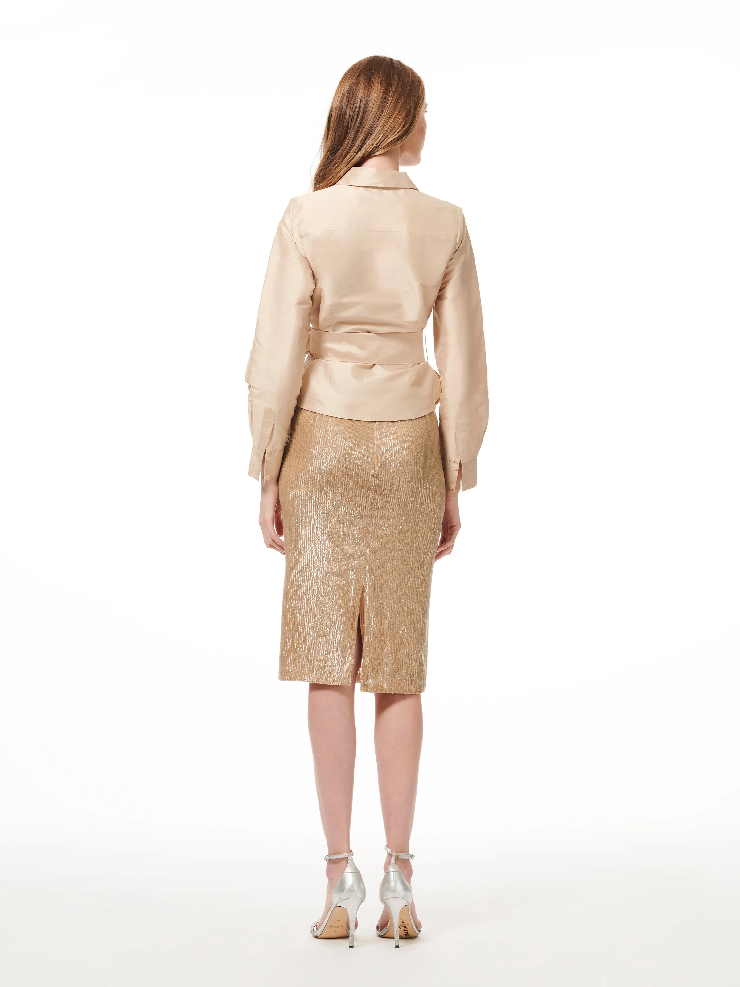 TAFFETA BLOUSE WITH CRYSTAL BOW BUTTONS AND SASH