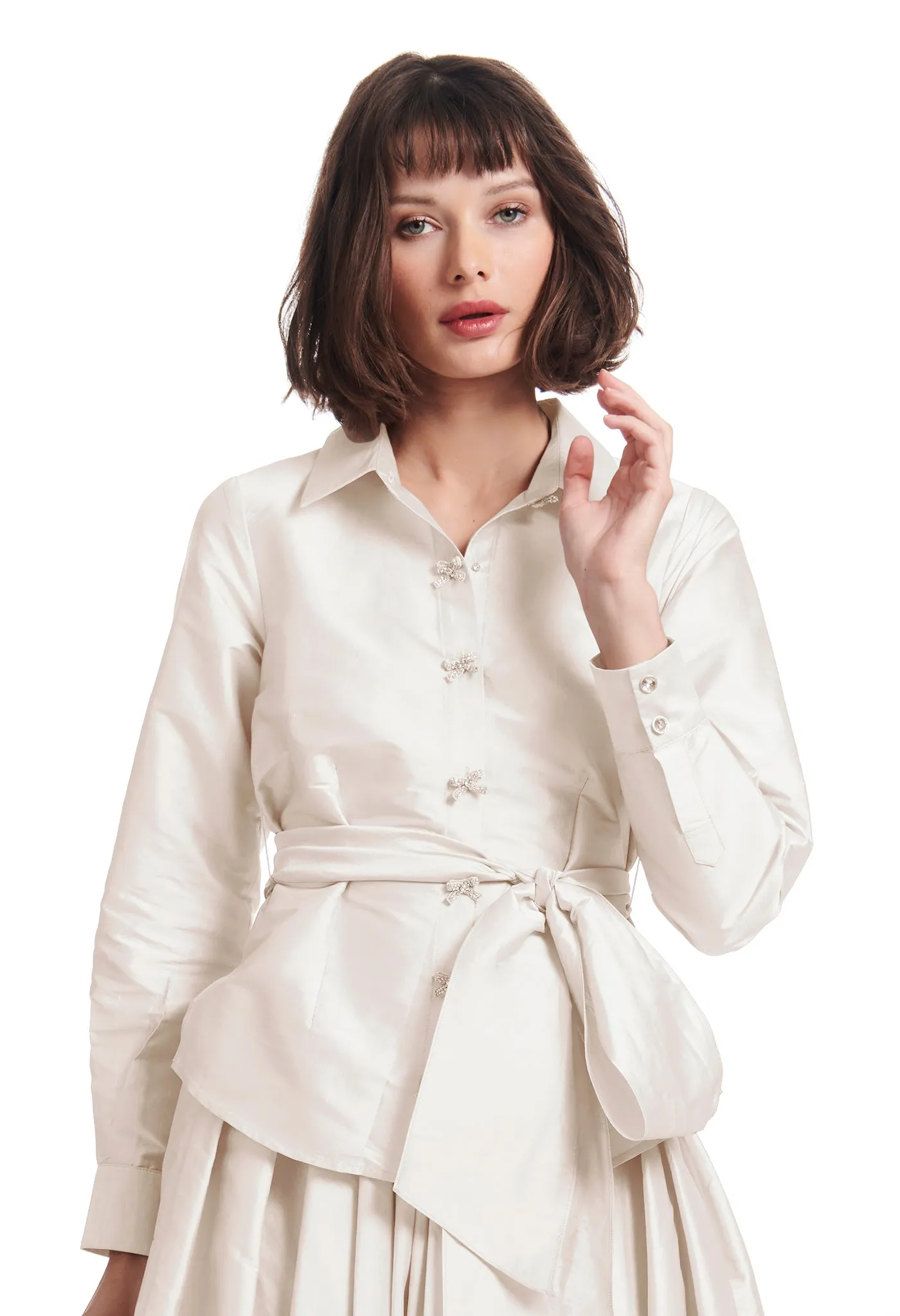 TAFFETA BLOUSE WITH CRYSTAL BOW BUTTONS AND SASH