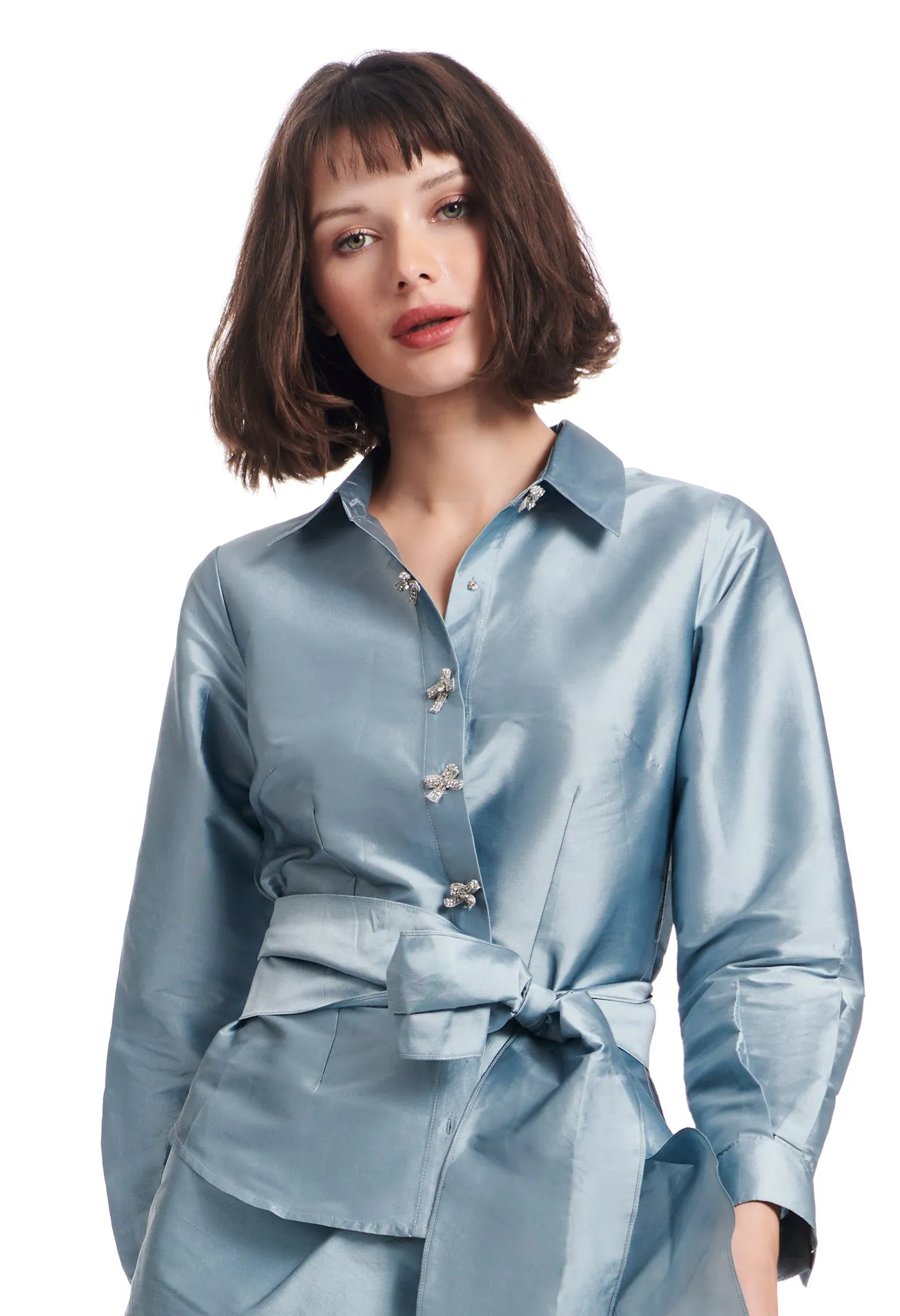 TAFFETA BLOUSE WITH CRYSTAL BOW BUTTONS AND SASH