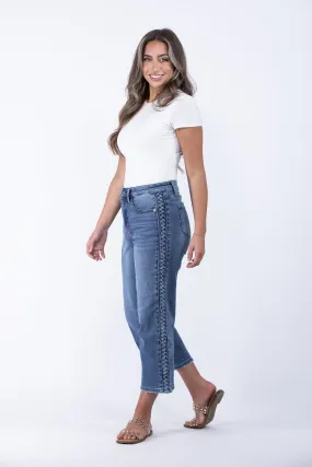 The Aurora from Judy Blue: High-Rise Braid SS Detail Crop Wide Leg Denim