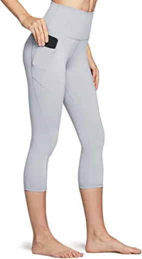TSLA High Waist Yoga Pants with Pockets, Tummy Control Yoga Leggings, Non See-Through Workout Running Tights, Capris Pocket Peachy Light Grey