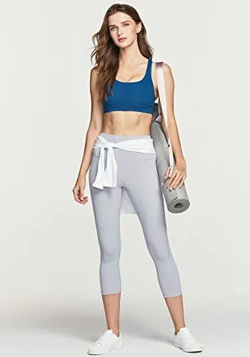 TSLA High Waist Yoga Pants with Pockets, Tummy Control Yoga Leggings, Non See-Through Workout Running Tights, Capris Pocket Peachy Light Grey