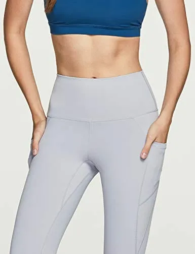 TSLA High Waist Yoga Pants with Pockets, Tummy Control Yoga Leggings, Non See-Through Workout Running Tights, Capris Pocket Peachy Light Grey