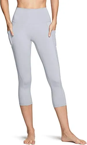 TSLA High Waist Yoga Pants with Pockets, Tummy Control Yoga Leggings, Non See-Through Workout Running Tights, Capris Pocket Peachy Light Grey
