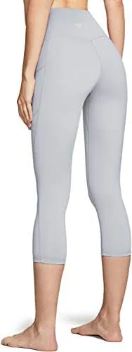 TSLA High Waist Yoga Pants with Pockets, Tummy Control Yoga Leggings, Non See-Through Workout Running Tights, Capris Pocket Peachy Light Grey