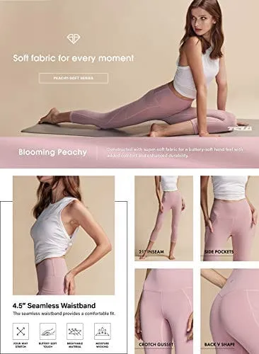 TSLA High Waist Yoga Pants with Pockets, Tummy Control Yoga Leggings, Non See-Through Workout Running Tights, Capris Pocket Peachy Light Grey