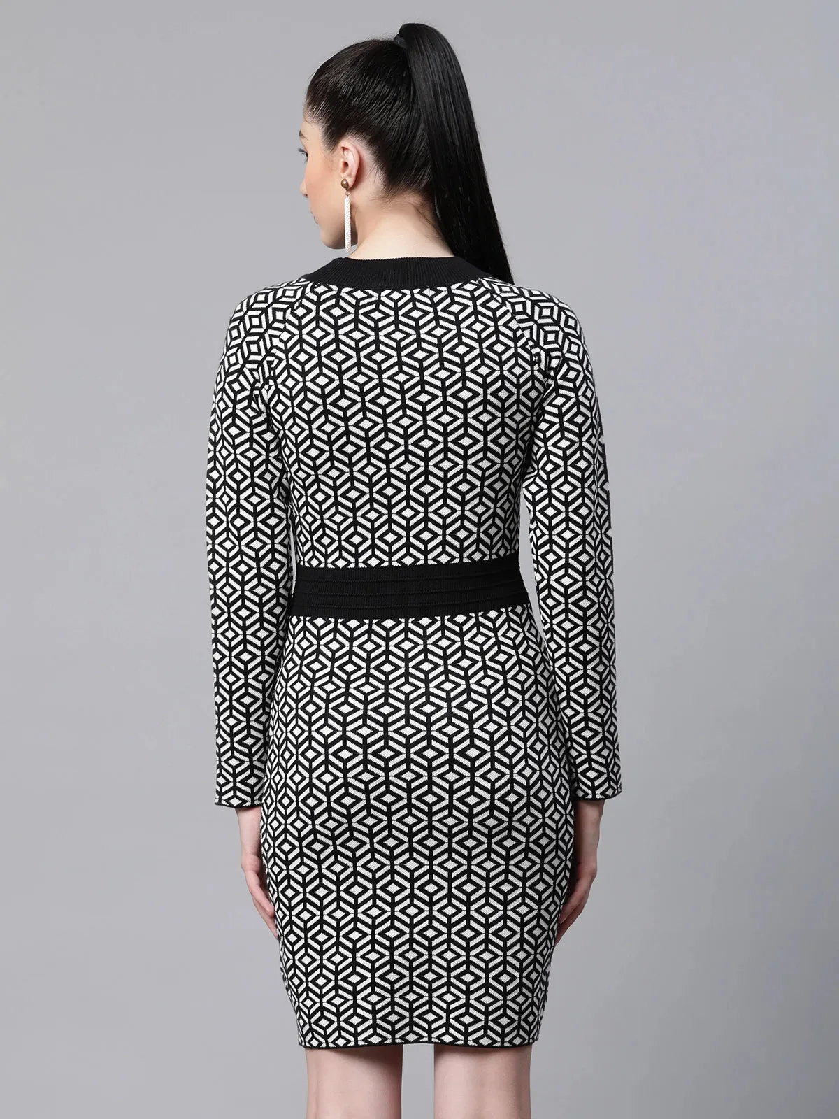 Women Jacquard Black Knit Slim Fit Bodycon Dress