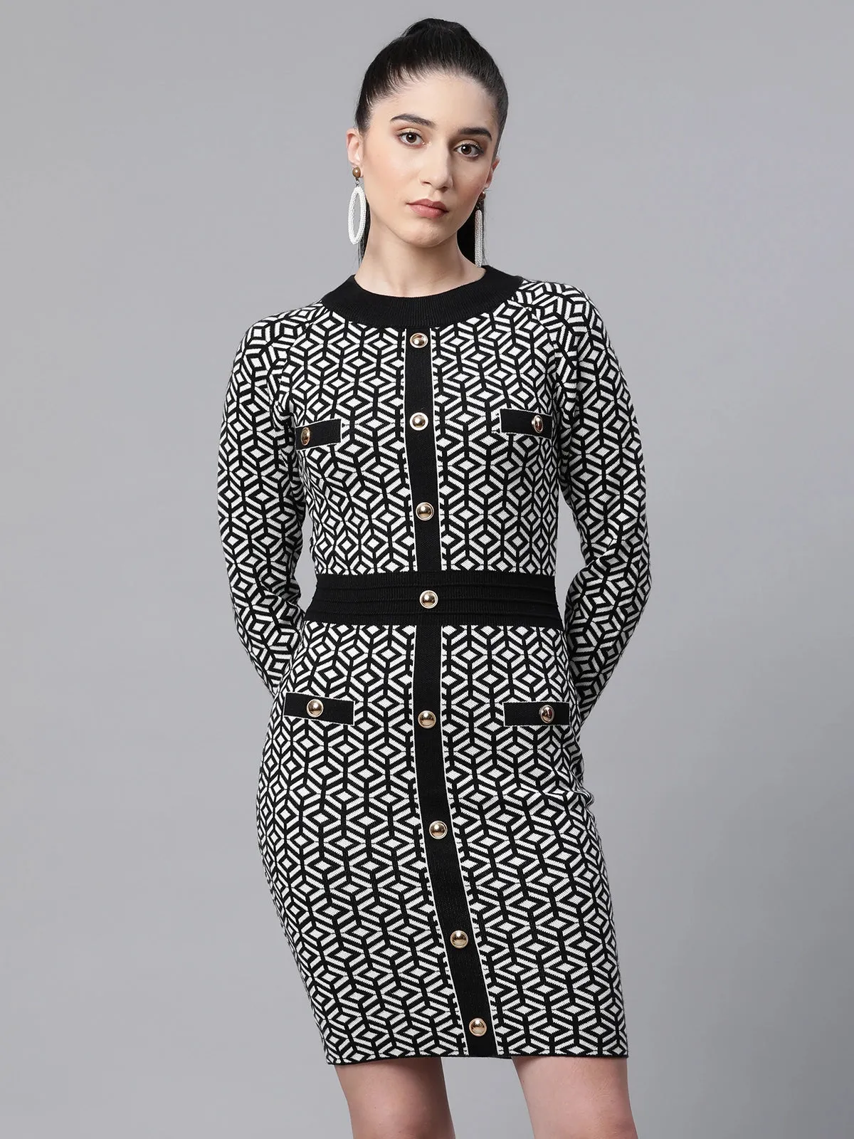 Women Jacquard Black Knit Slim Fit Bodycon Dress