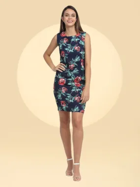 Women Navy Blue Print Midi Length Dress