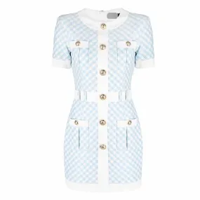 Women Short Sleeves Fitted checkered Mini Bodycon Dress