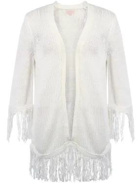 Women's fringed hem and cuffs cream cardigan - Plum Tree