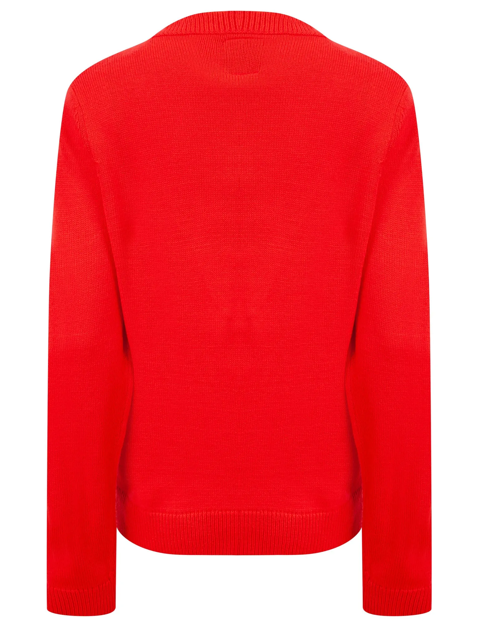 Women’s Reindeer with Scarf Motif Novelty Christmas Jumper with 3D Embellishments in High Risk Red